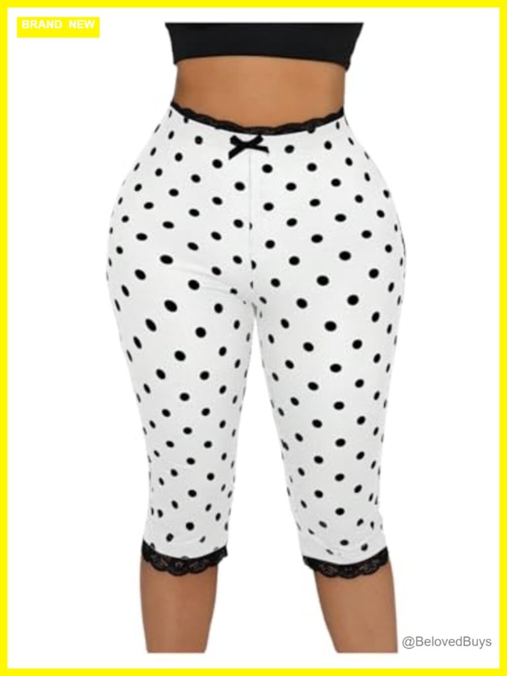 Capris Yoga Pants Lace Trim Polka Dots Skinny Leggings High Rise